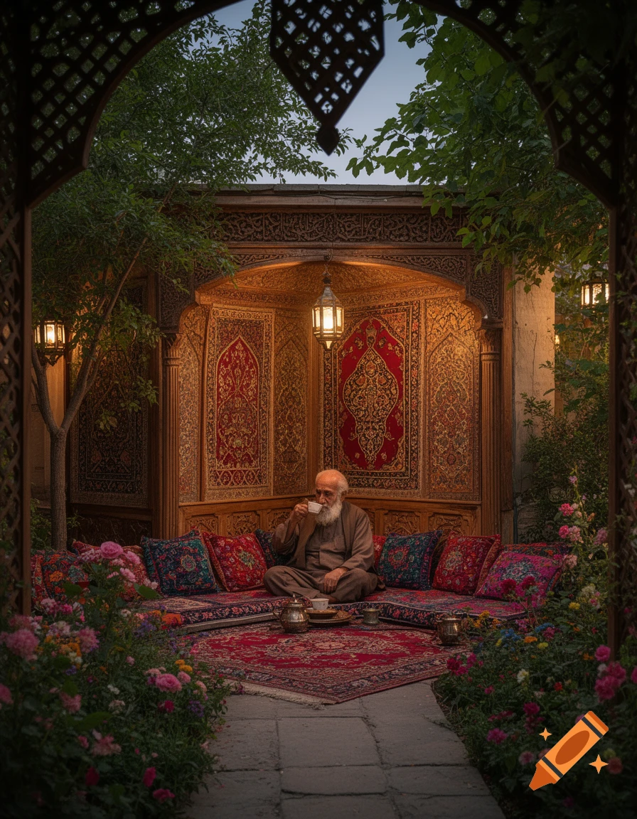 An old man sips tea in a lush, ornate garden alcove with traditional patterned carpets and lanterns, surrounded by flowers.