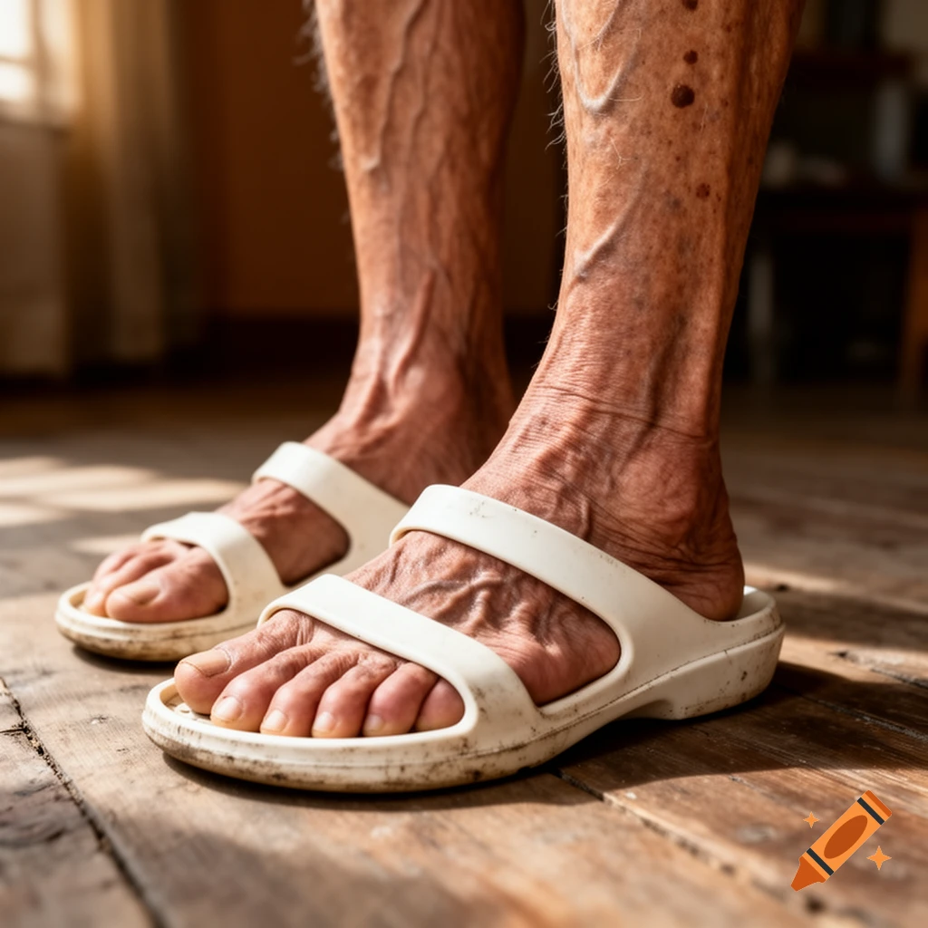 Elderly person's legs and feet with prominent veins, wearing white plastic sandals on a wooden floor.