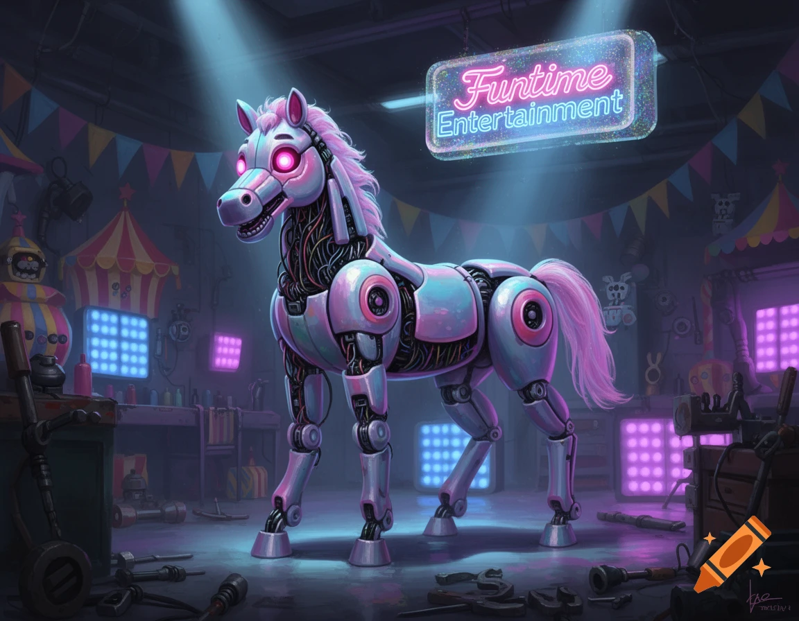 A white and pink animatronic horse with glowing pink eyes stands in a dark, tool-filled workshop under a neon 'Funtime Entertainment' sign.