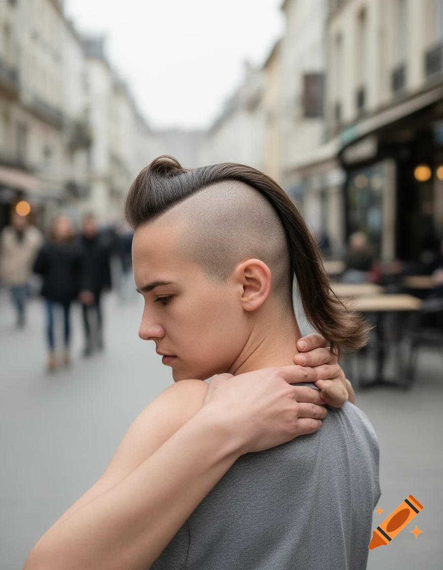 A person with a side-shaved mohawk-mullet hybrid haircut and a gray top, standing with arms crossed over shoulders, looking down in an urban street.