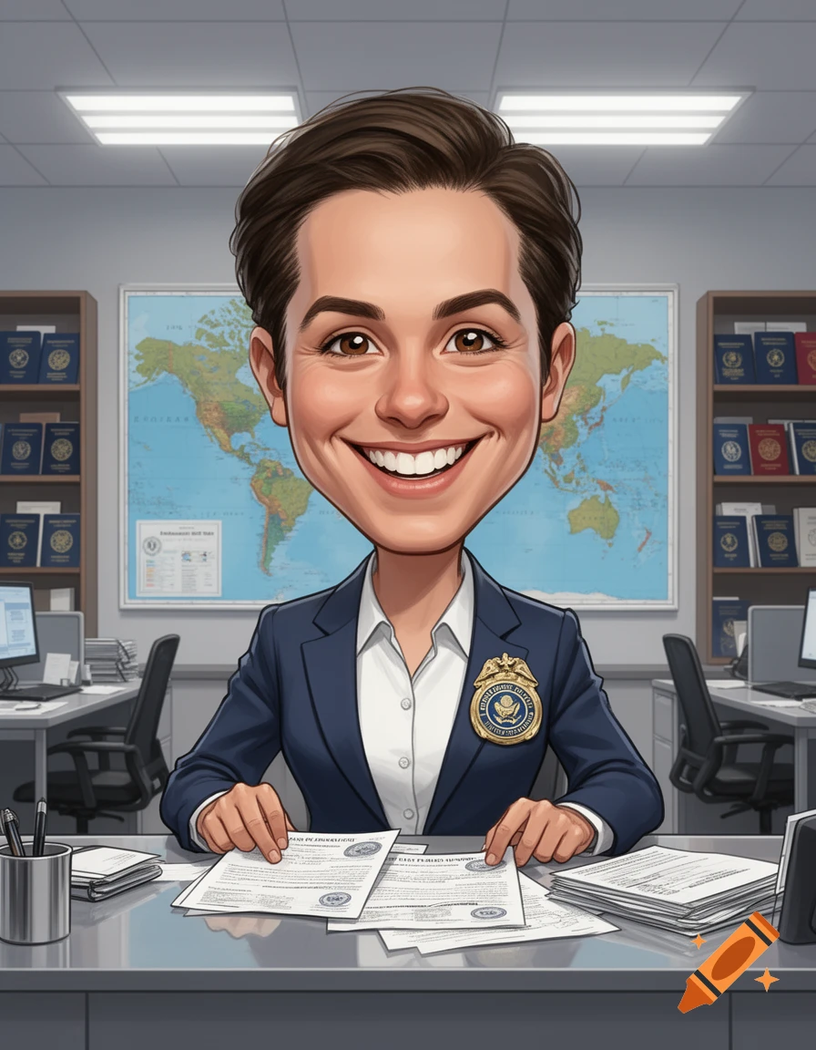 Caricature of a smiling passport adjudicator in a blue suit, holding documents at a desk in an office with a world map.