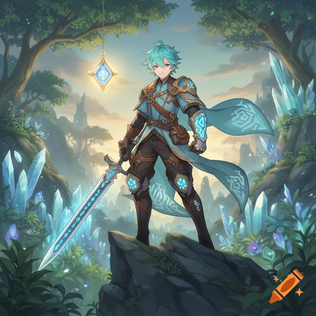 An anime male character with light blue hair and fantasy armor stands on a rock, holding a glowing blue sword in a crystal forest.