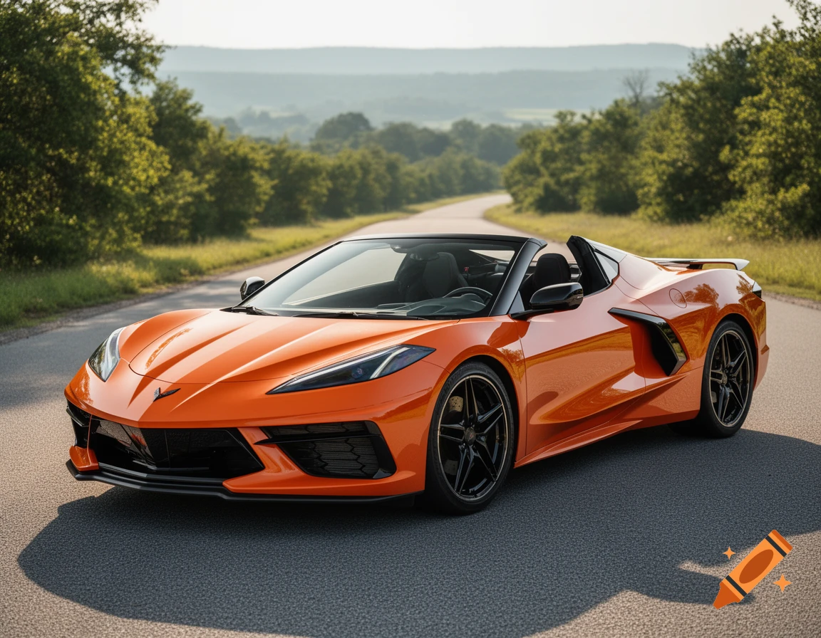 Photorealistic bright orange C8 Corvette convertible on a winding road with green trees and distant hills under a clear sky.