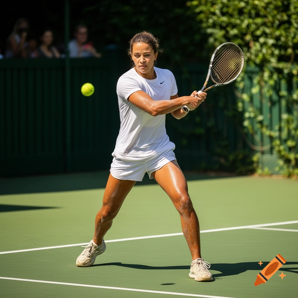 A female tennis player in white athletic wear hits a tennis ball on a green court during a sunny day.