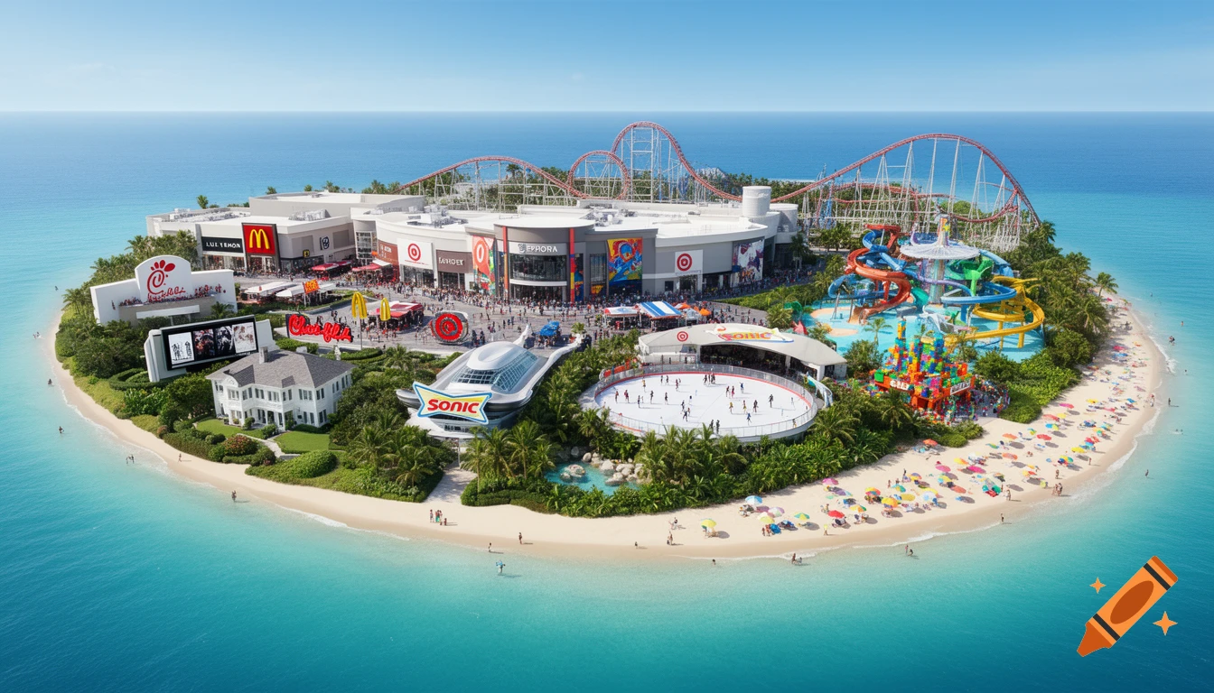 An aerial view of a vibrant fantasy island featuring a large mall with various brand stores, a mansion, a roller coaster, a waterpark, an ice rink, and a sandy beach with people and colorful umbrellas, surrounded by turquoise ocean.