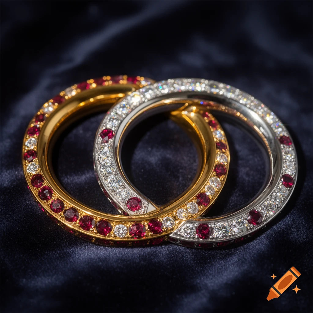 Two intertwined gold and silver rings, encrusted with rubies and diamonds, resting on a dark velvet surface.