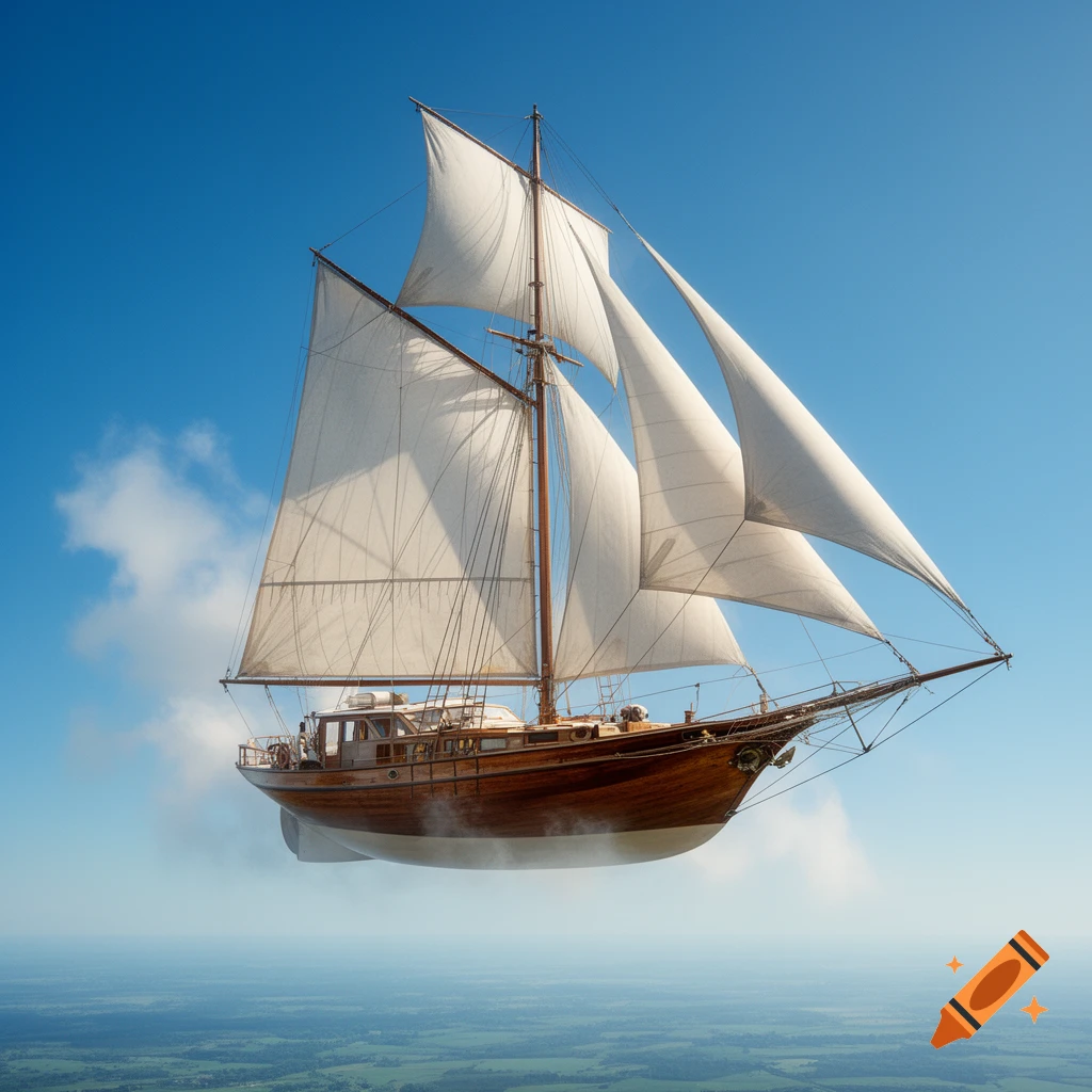 A majestic wooden sailboat with white sails floats through a clear blue sky, with light clouds encircling its hull above a distant green landscape.