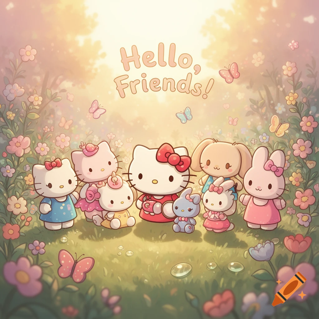 Hello Kitty and friends, including other cats and bunnies, in a sunny, flower-filled pastel meadow with 'Hello, Friends!' text.