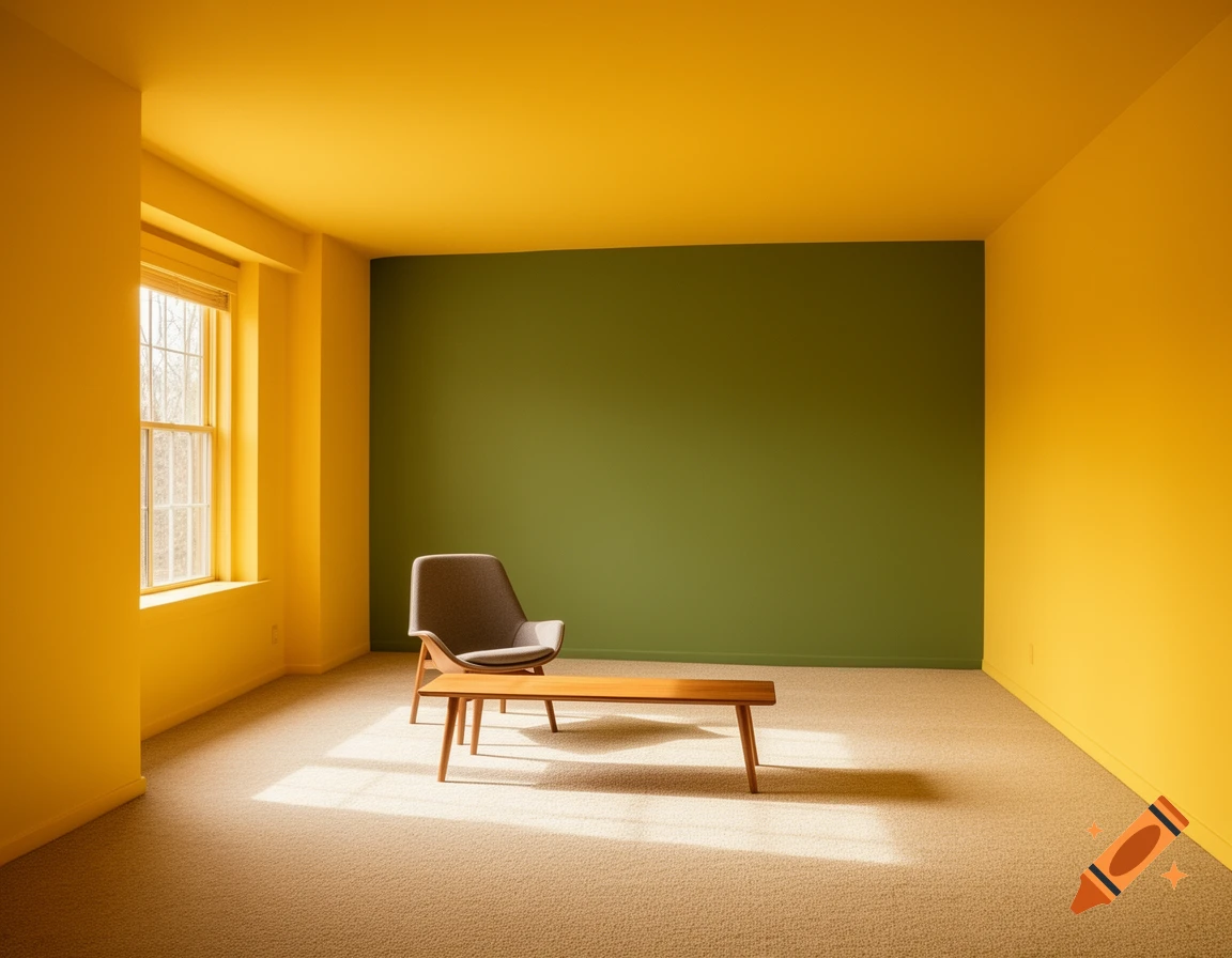 A minimalist room with bright yellow walls and ceiling, a green accent wall, a grey armchair, and a wooden coffee table on a light carpet.