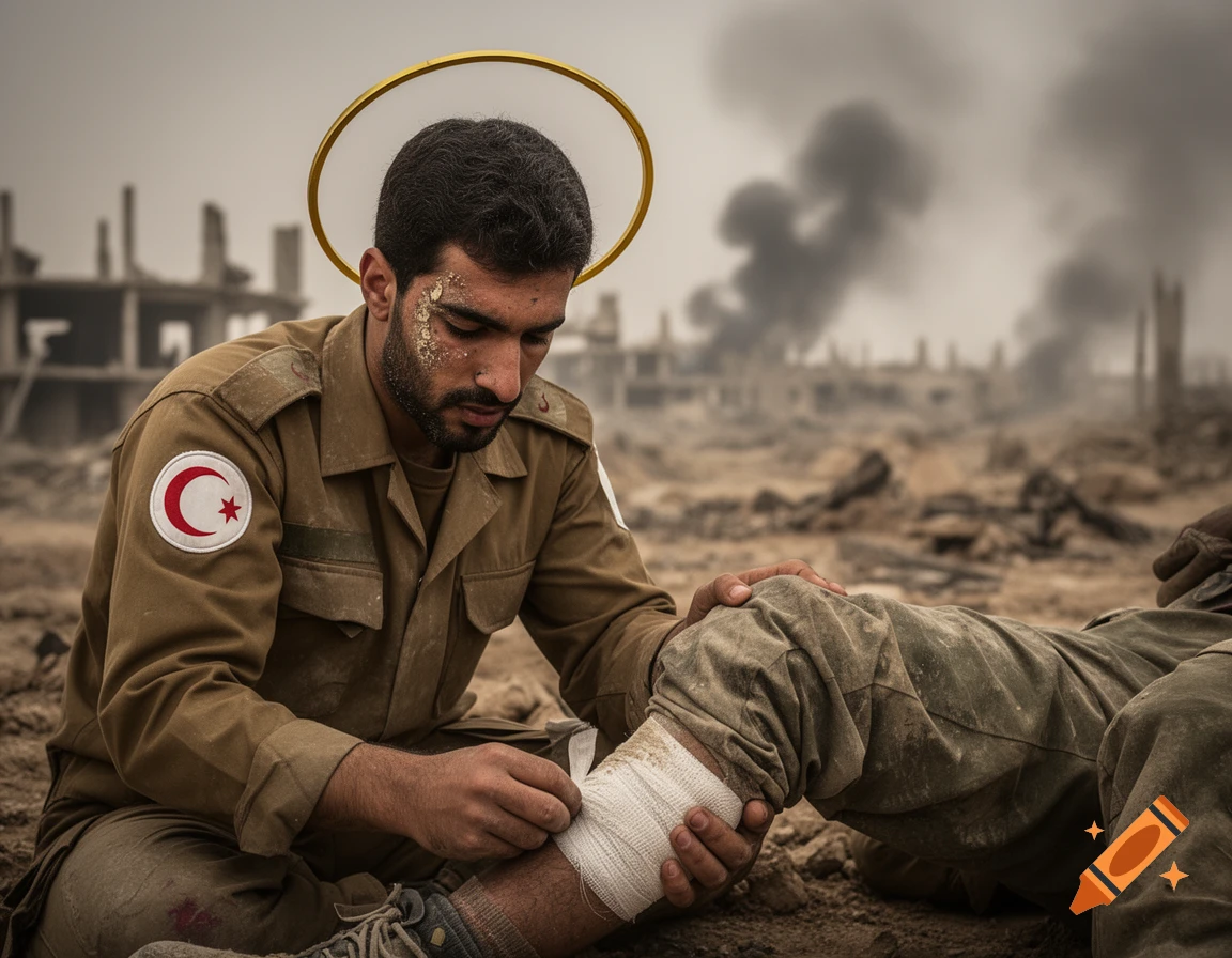 A medic with a golden halo and Red Crescent emblem bandages a soldier's leg on a dusty, war-torn battlefield.