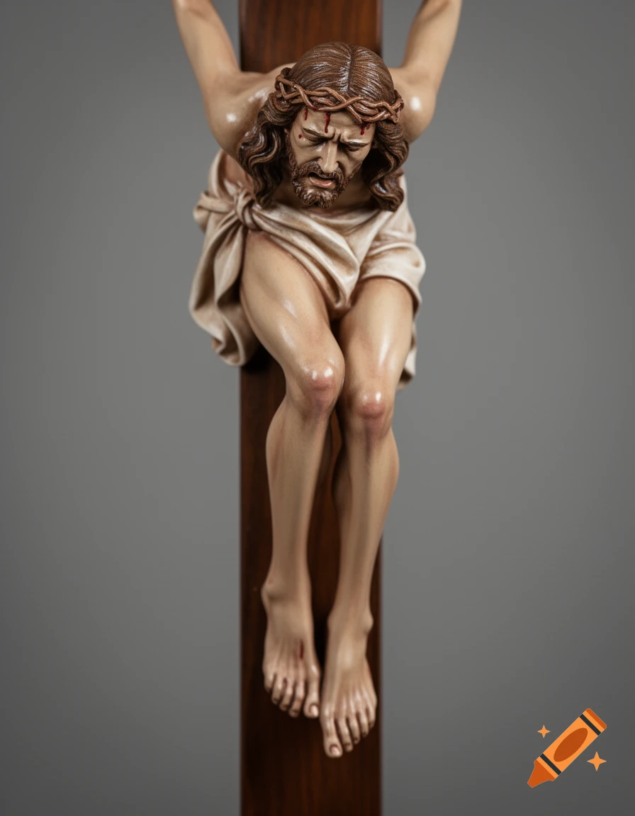 Close-up of a realistic resin statue of Jesus Christ on a cross, with a crown of thorns and a pained expression.
