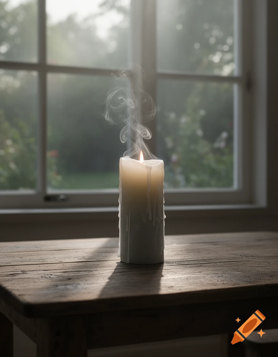 A lit candle with smoke rising, sitting on a wooden table in front of a window with a blurry garden view.