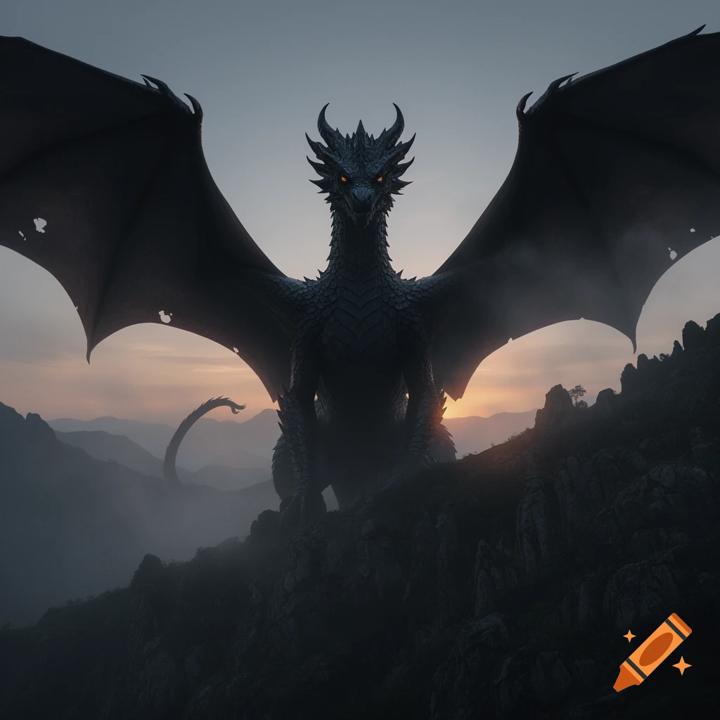 A dark, majestic dragon with large wings and glowing eyes perches atop ...