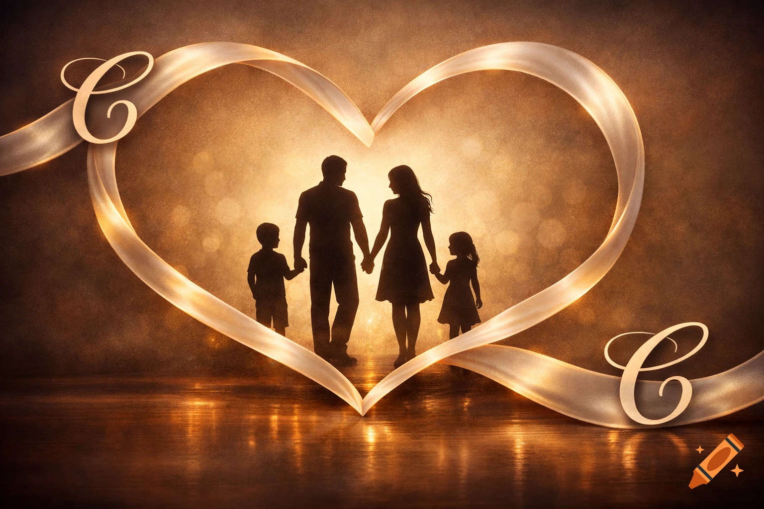 A golden ribbon forms a heart, enclosing a silhouetted family of four. Two elegant 'C' letters adorn the ribbon against a warm, glowing background.