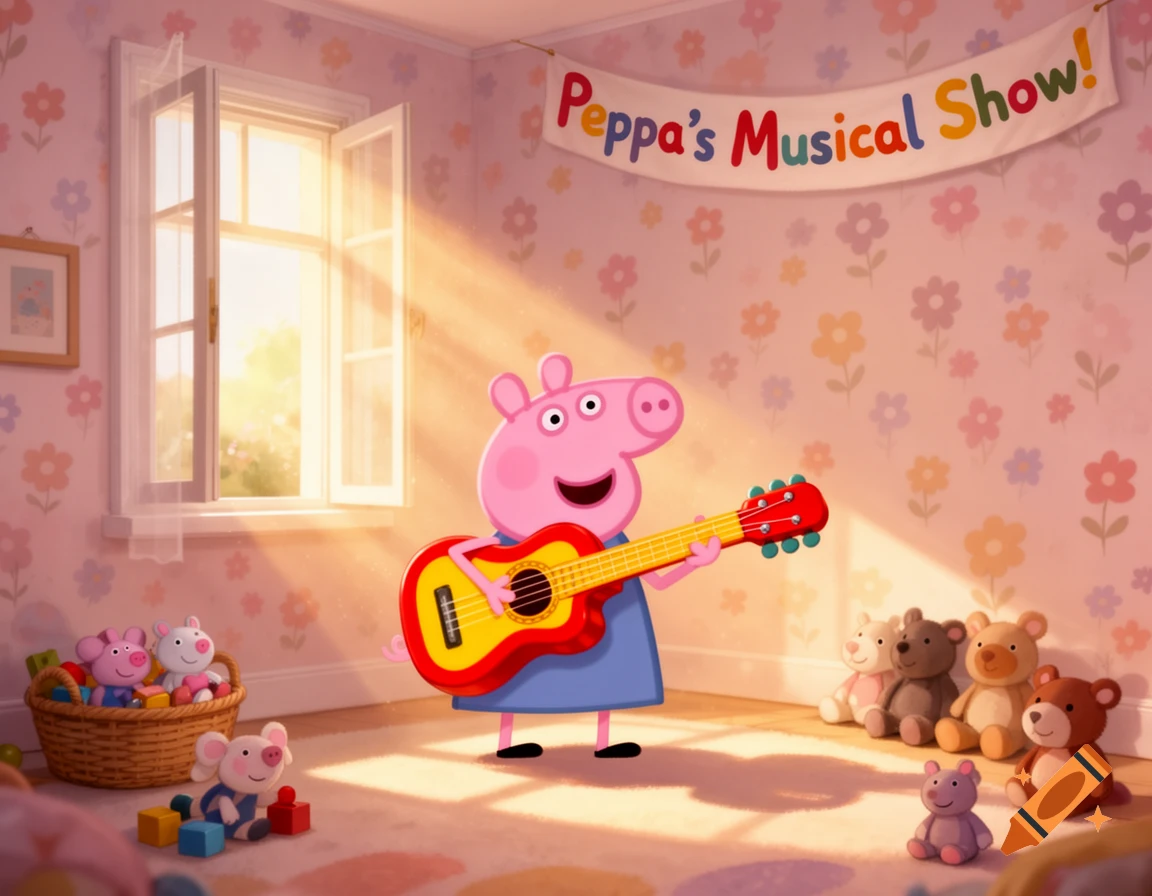 Peppa Pig plays a red and yellow guitar in a sunny, flower-patterned room with toys.