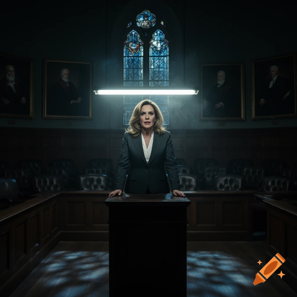 A woman in a suit stands behind a podium in a dark, dramatic courtroom with stained glass windows and portraits.