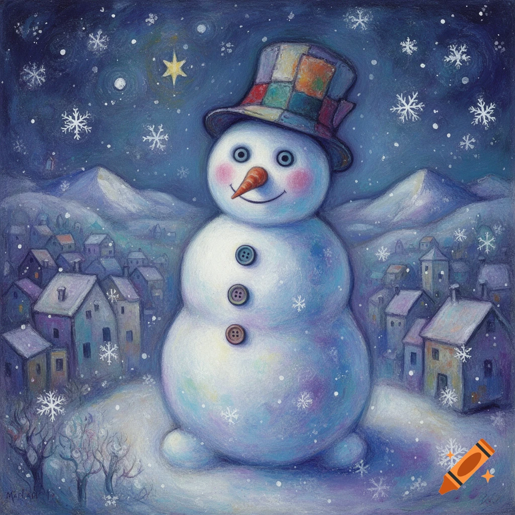 A cheerful, stylized snowman wearing a patchwork hat stands in a snowy village under a starry night sky with falling snowflakes.