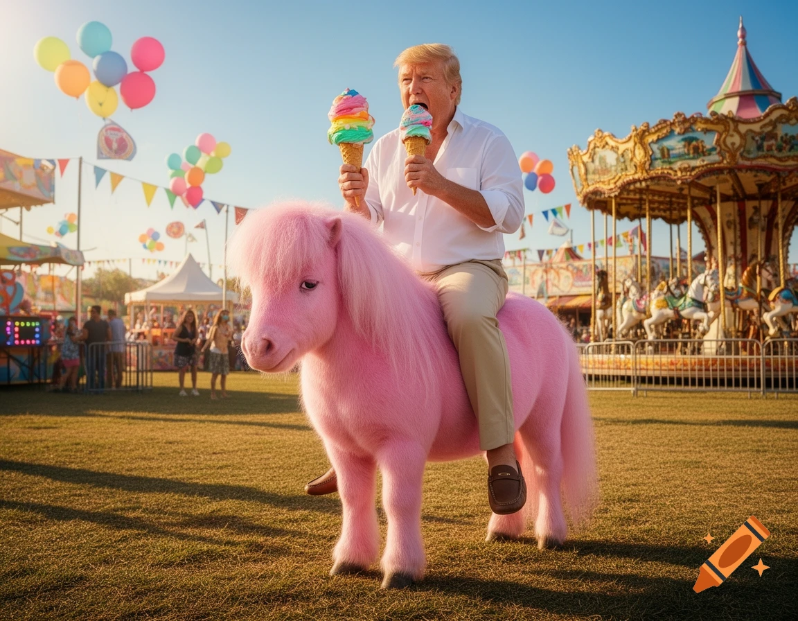 Donald Trump rides a pink pony and eats rainbow ice cream at a bustling carnival.