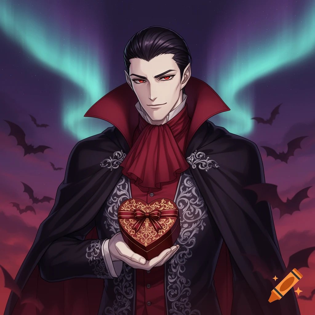 Semi-realistic anime vampire in a dark cape holds a heart-shaped chocolate box against a mystical sky with aurora and bats.