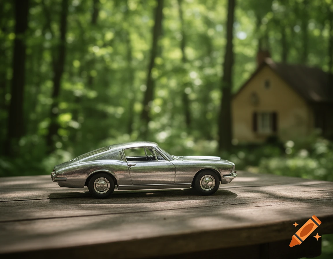 A silver toy car sits on a wooden table in a sun-dappled forest, with a blurred house in the background.