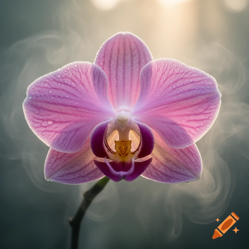 Close-up photorealistic pink orchid with water droplets and fog against a soft lit background.