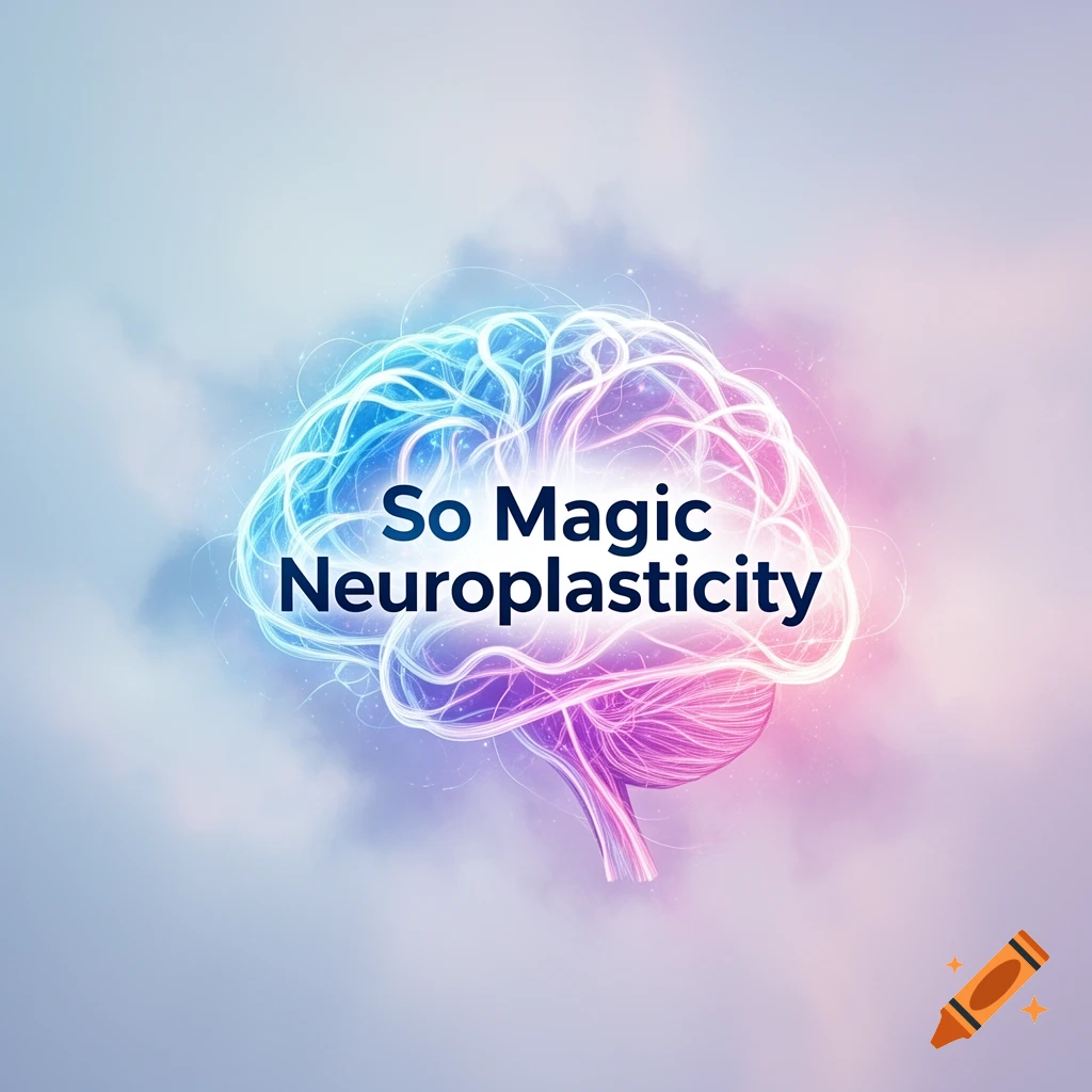 Stylized glowing brain in blue and purple against a cloudy background, with 'So Magic Neuroplasticity' text.