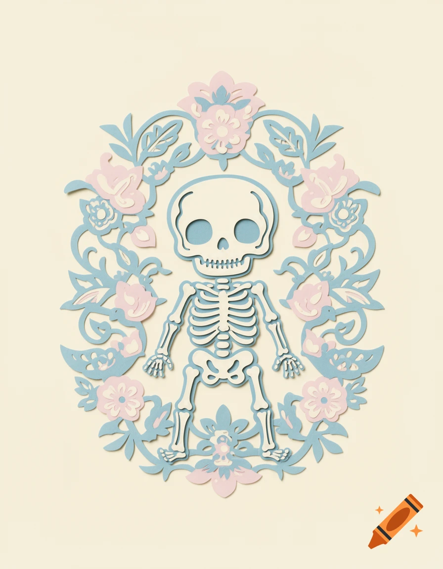 A cute, stylized skeleton in a blue and cream paper-cut style, framed by a floral wreath with pink and blue flowers.