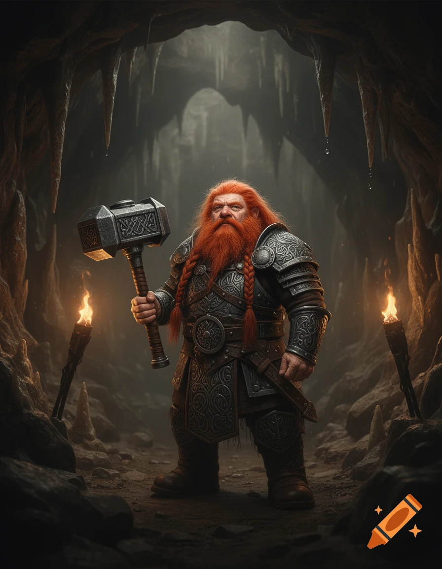 A fantasy dwarf warrior with a red beard and ornate armor stands in a torch-lit cave, holding a large hammer.