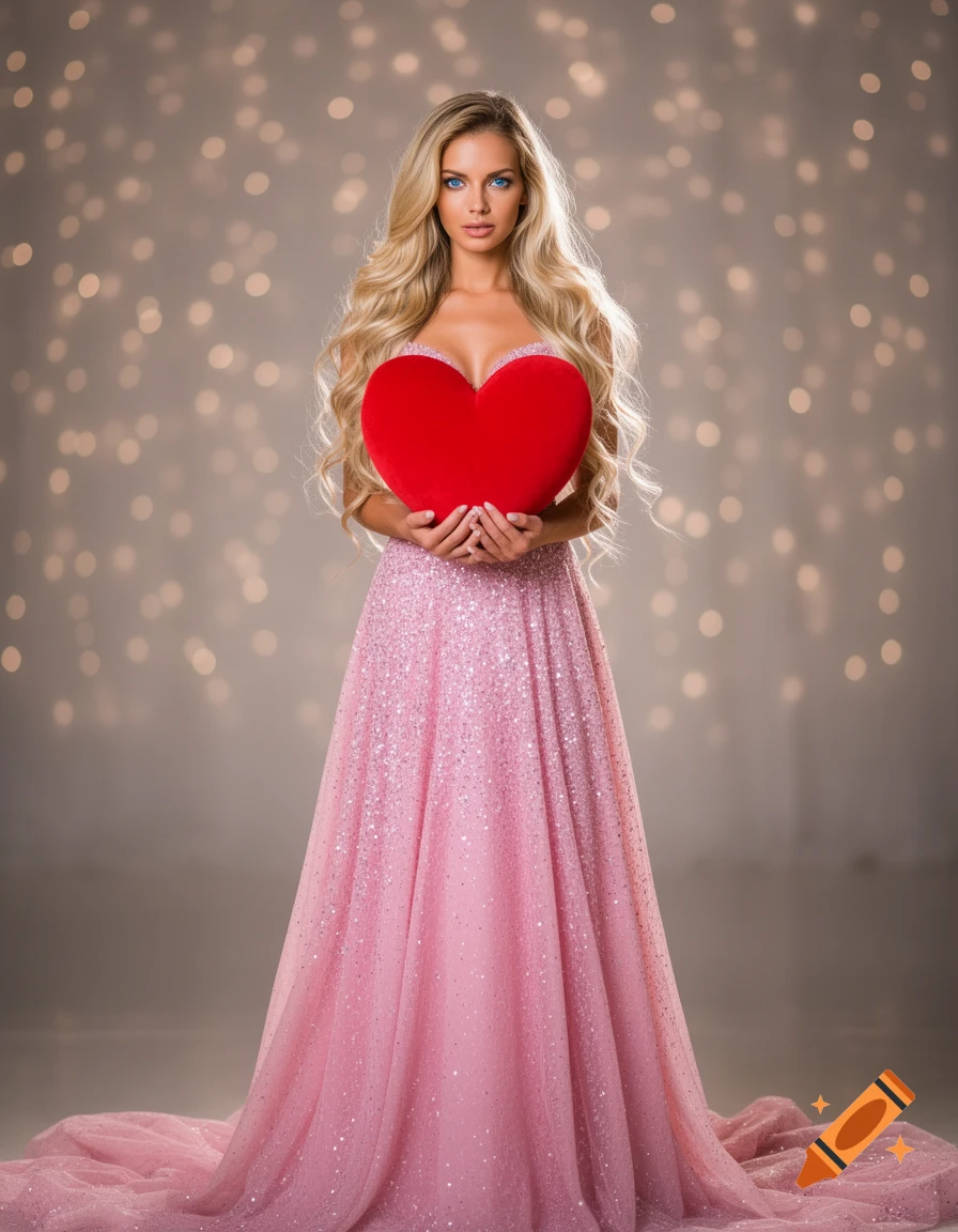 Blonde woman in a shimmering pink gown holding a large red heart, standing against a bokeh background.