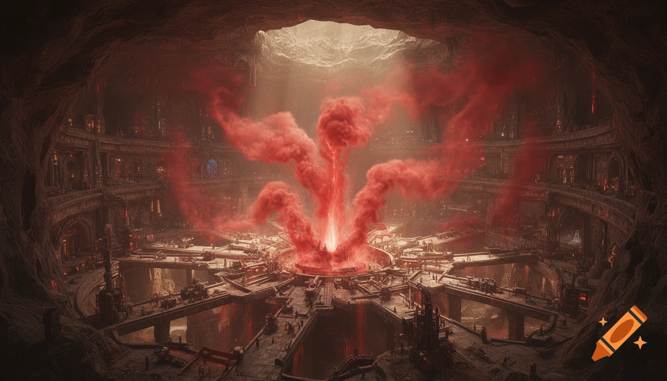 A vast underground city carved into rock, illuminated by a central geyser erupting vivid red gas and a faint glow from above.