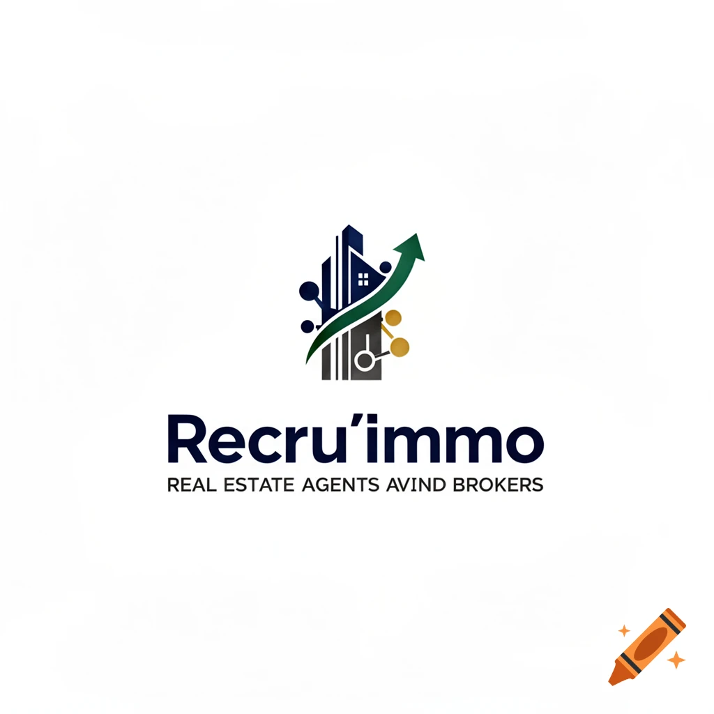 A modern, professional logo for Recru'immo featuring a stylized building, an upward green arrow, and connected network nodes on a white background.