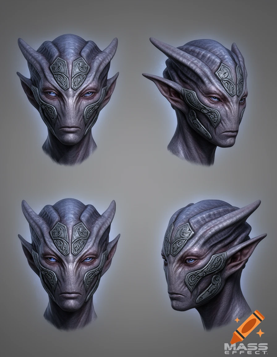 Four detailed concept art busts of a grey alien with blue eyes, horns, and metallic face plates.