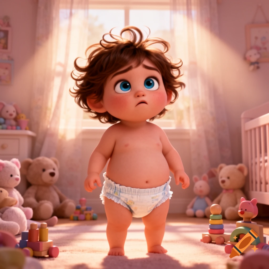 A Pixar-style cartoon toddler with brown curly hair and blue eyes stands in a sunny nursery, looking up with a pensive expression.