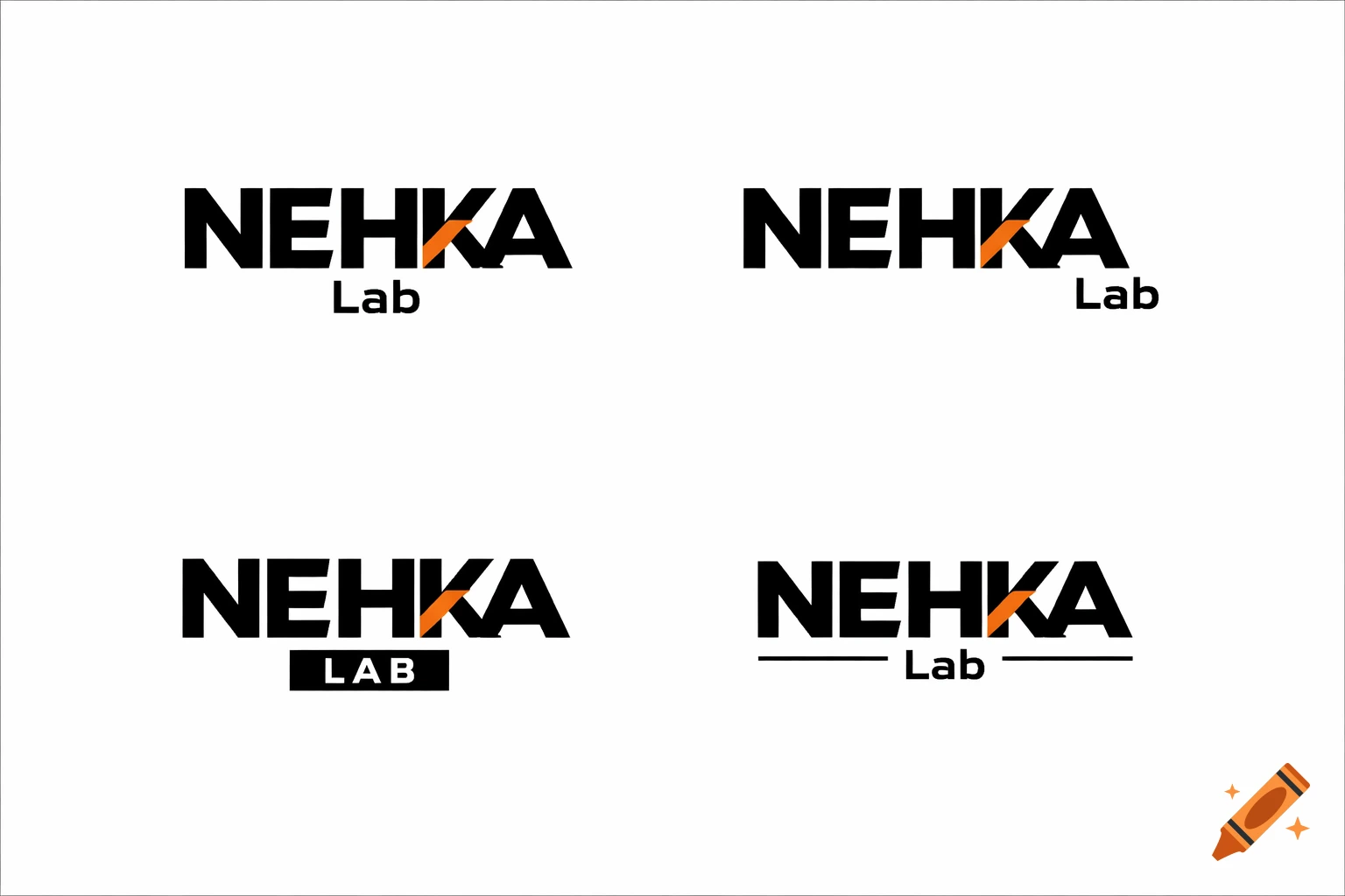 Four variations of a minimalist logo for NEHKA Lab with angular black sans-serif text and orange accents.