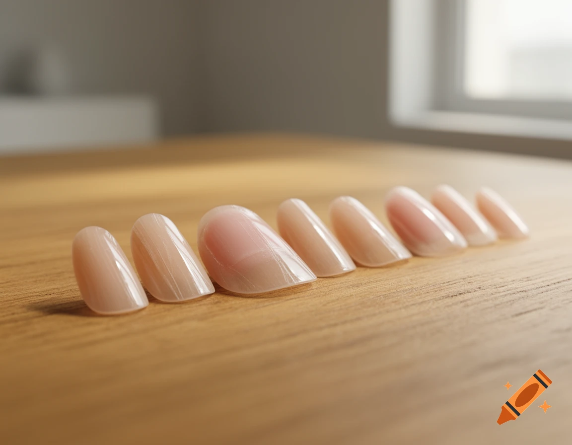 A row of several translucent, light pink artificial nails of varying sizes laid out on a light brown wooden surface.