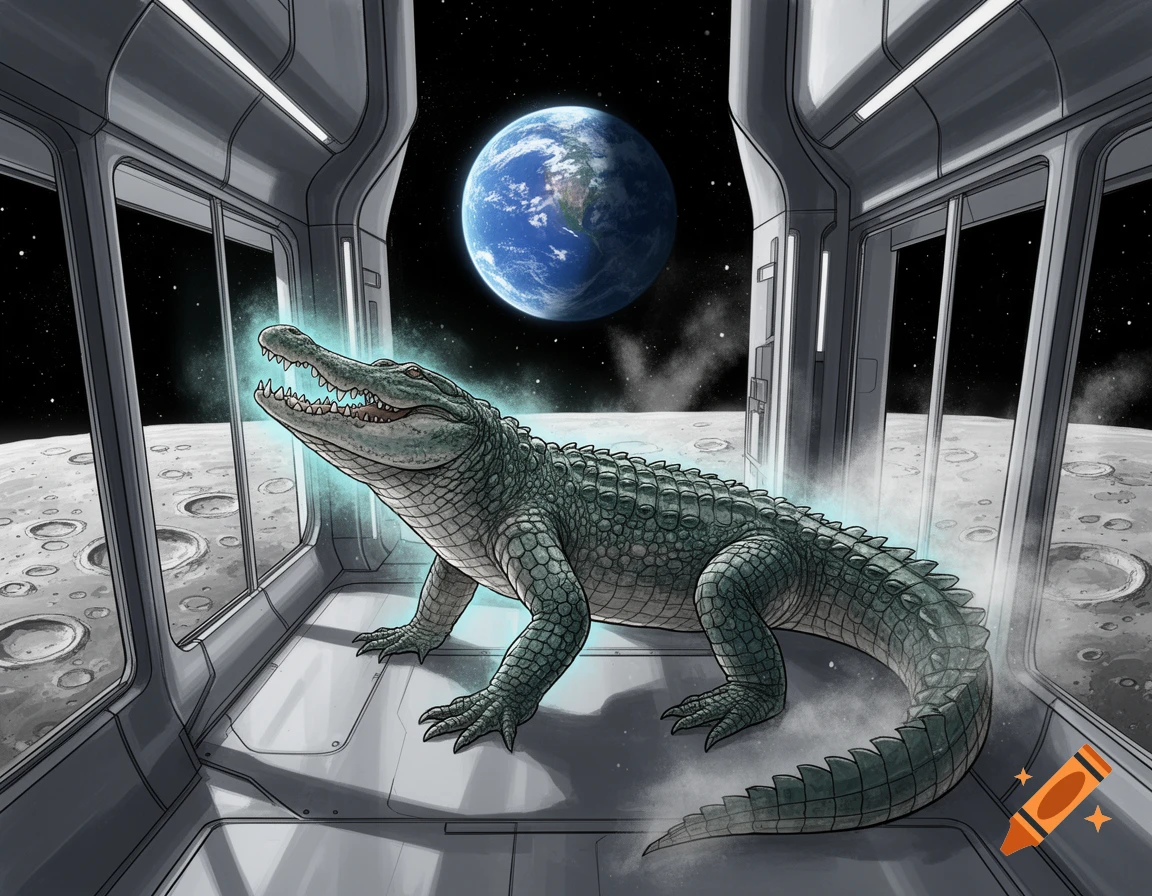 An alligator stands inside a futuristic space station, looking out at the moon's surface and Earth in the distance. Illustrated style.