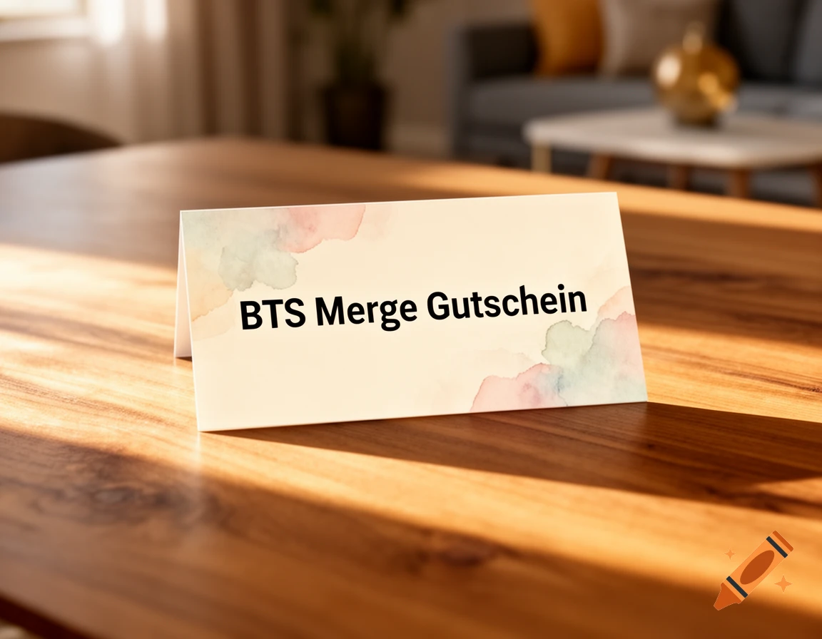 A white folded gift card with 'BTS Merge Gutschein' written in black text sits on a wooden table, bathed in sunlight. A blurred living room is in the background.