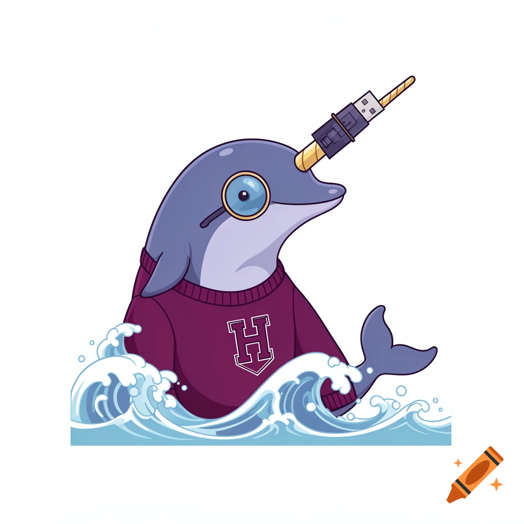 Minimalist vector illustration of a dolphin-like creature wearing a burgundy 'H' sweater and a monocle, with a USB tusk, in ocean waves.