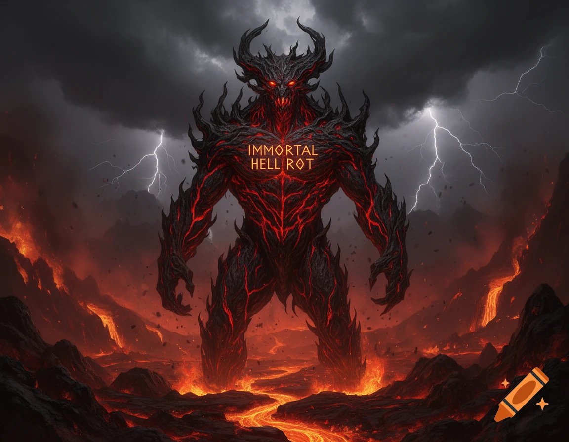 A colossal horned demon, glowing red and black, stands in a fiery hellscape with flowing lava and stormy skies, lightning flashes.