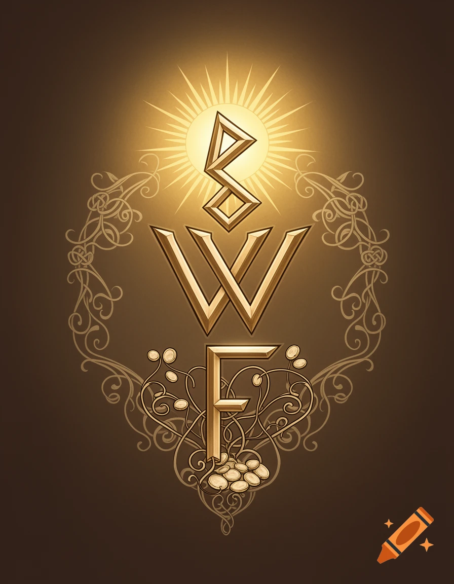 Golden stylized bindrune of S, W, and F runes with sunburst and ornate patterns on a brown background.