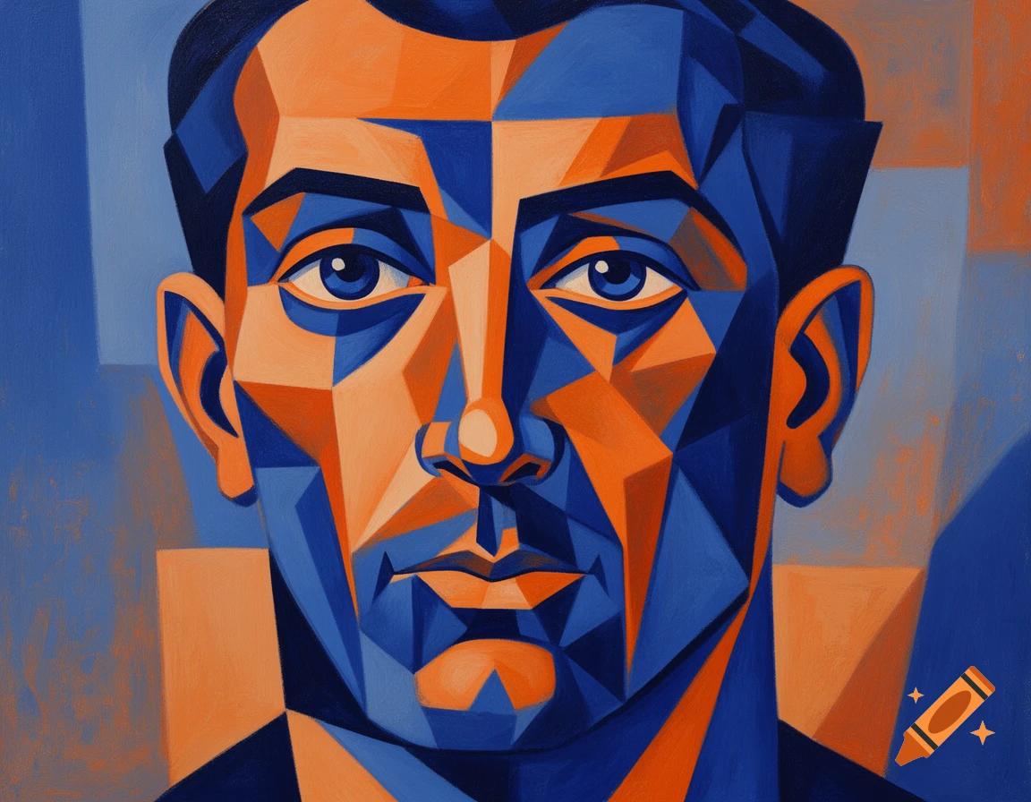 A cubistic portrait of a man's head, featuring geometric shapes in shades of blue and orange.