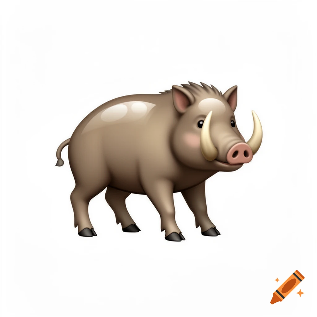 A glossy 3D rendered emoji-style warthog with tusks standing on a white background.