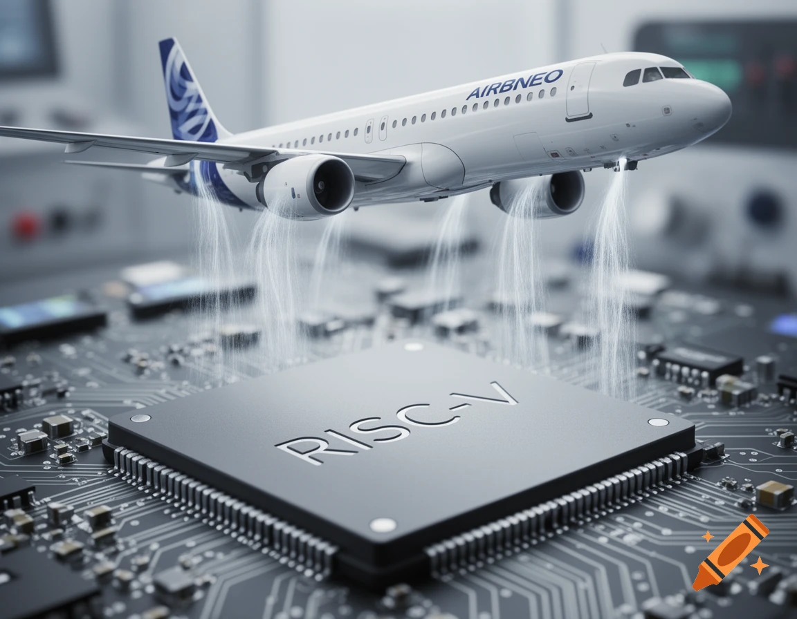 A white airplane with 'AIRBNEO' on its side hovers over a dark computer chip with 'RISC-V' etched on it, with light streams connecting the two.