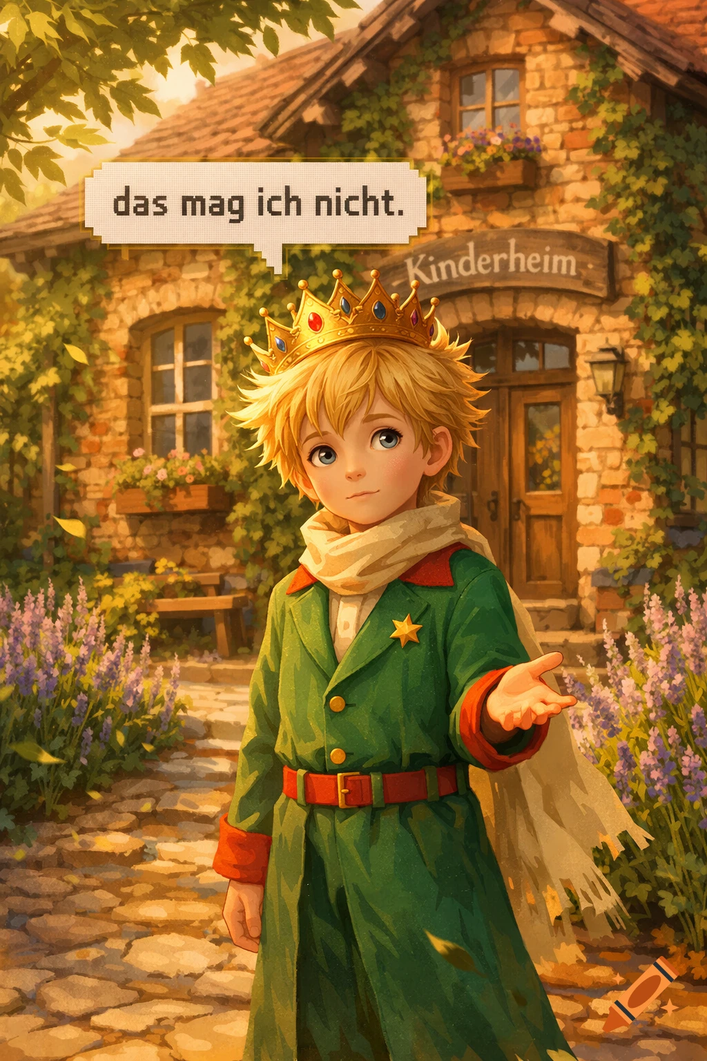 Illustrated boy resembling the Little Prince with a crown, standing in front of a Kinderheim, with a speech bubble saying 'das mag ich nicht.'