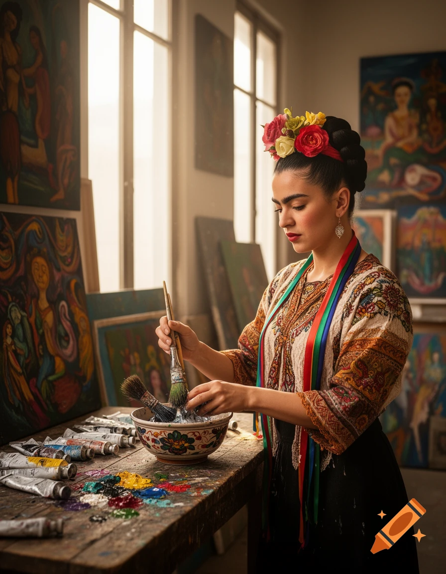A woman resembling Frida Kahlo cleans paintbrushes at a messy wooden table, surrounded by colorful paintings in a sunlit art studio.