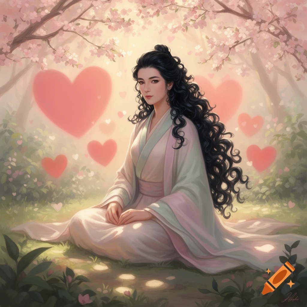A digital painting of a woman with long curly black hair sitting under cherry blossoms, surrounded by glowing red hearts, wearing light robes.