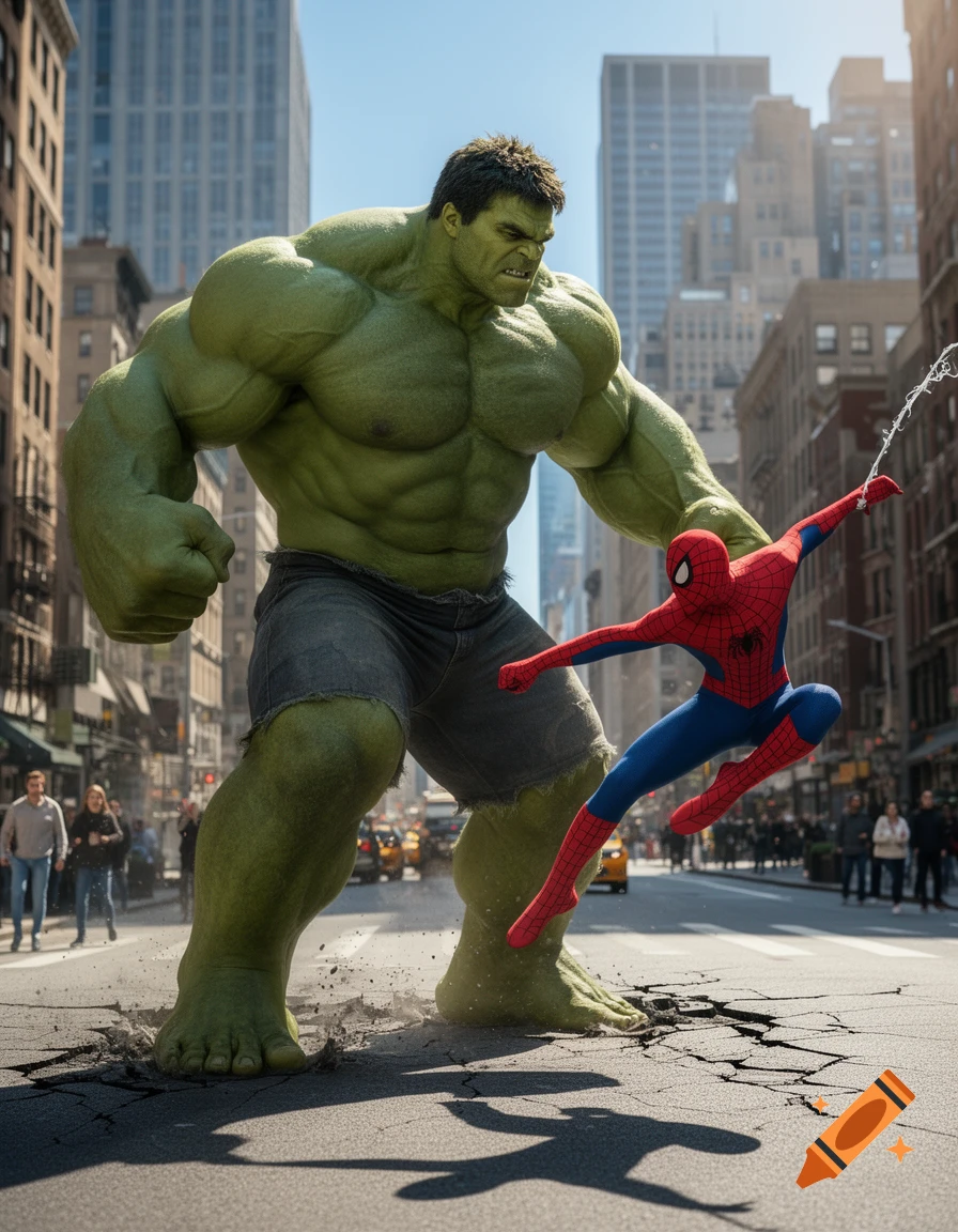 Massive Hulk stands in a cracked city street as Spider-Man swings past, photorealistic.