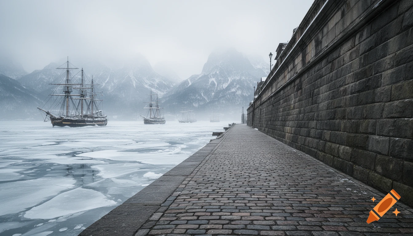 Photorealistic winter scene with historic sailing ships frozen in a cracked icy sea next to a long stone embankment and misty mountains.