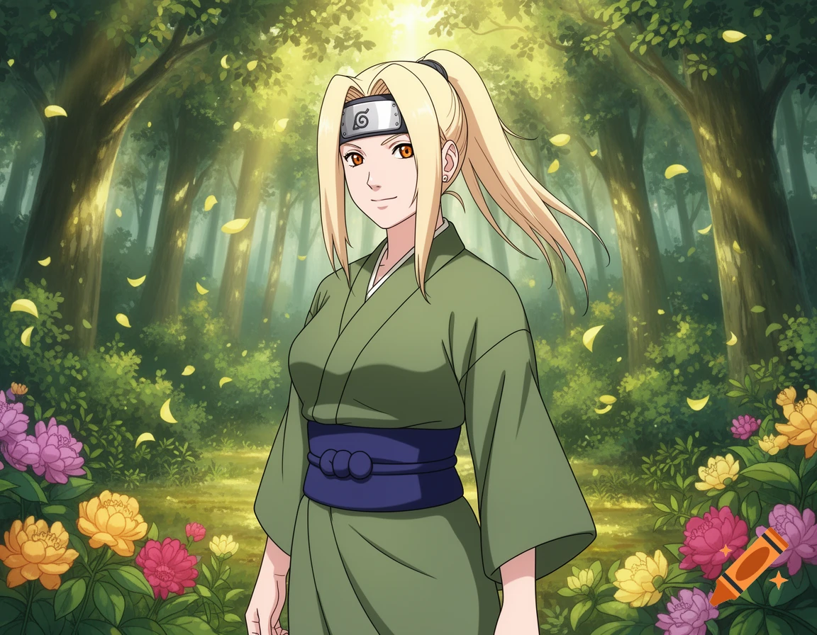 Anime illustration of Tsunade from Naruto in a green kimono, smiling amidst a lush forest with colorful flowers and falling leaves.