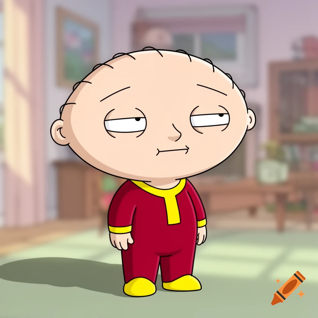 Cartoon of Stewie Griffin from Family Guy in a red and yellow outfit, standing in a room with a skeptical expression.